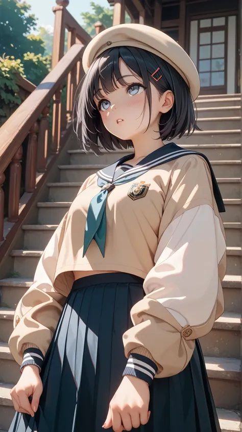  Japanese、18 years old、 stairs、back、 composition looking up from below、sailor collar jacket、 skirt、アップ skirt、 beige beret、 black hair、 short hair、blush