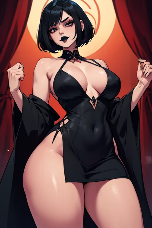 a vampire with big thighs wearing a short black dress and a black lipstick and black hair