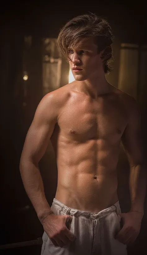  "  score _9,  score _8_arriba,  Realistic, a handsome man,  work of art,  the best quality,  High resolution , Close-up portrait, place, una imagen hiper Realistic de MATT SMITH  de pie, focused on his torso, with cinematic lighting.  His tanned and smoot...