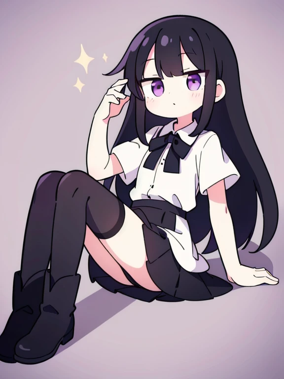 ((True best masterpiece, Ultimately perfect quality, Extremely delicate details)), A slender girl with flat chest, With black hair, Purple eyes, Wearing a white dress shirt, Wearing a black pleated skirt, Lace stocking, Black boots