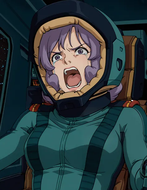 masterpiece, best quality,Rosamia Almond, purple hair,  1girl , pilotsuit, gauntlet, Alone、 is the cockpit in the background、 sits in the cockpit、 crying face、 is screaming with her mouth open

