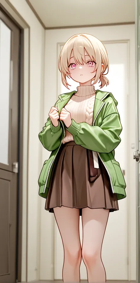  high school student、 Light Blonde、Pale pink eyes、 Unkempt Short Hair 、 lower ponytail、Light Pink Ripped Sweater 、 Green Oversized Jacket、 brown skirt、 brown knee-high、 high quality、 tattered、Hurt、My clothes are full of holes、despair、 has exposed skin、 sta...