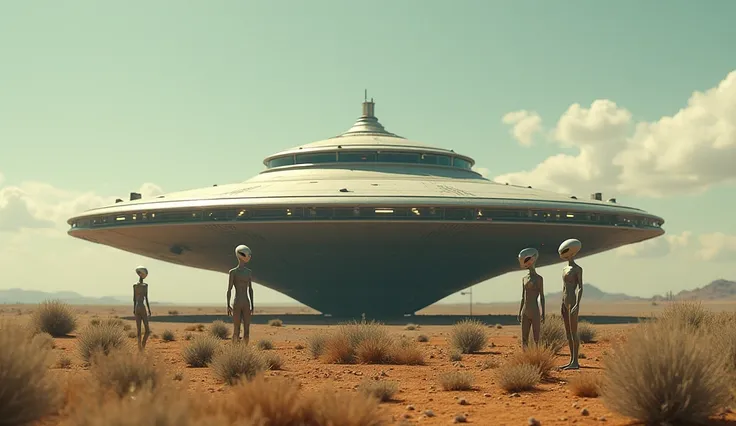 A flying saucer placed on Earth with aliens in front 