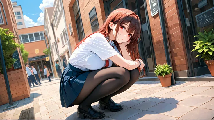 Neat girl in clothes crouching