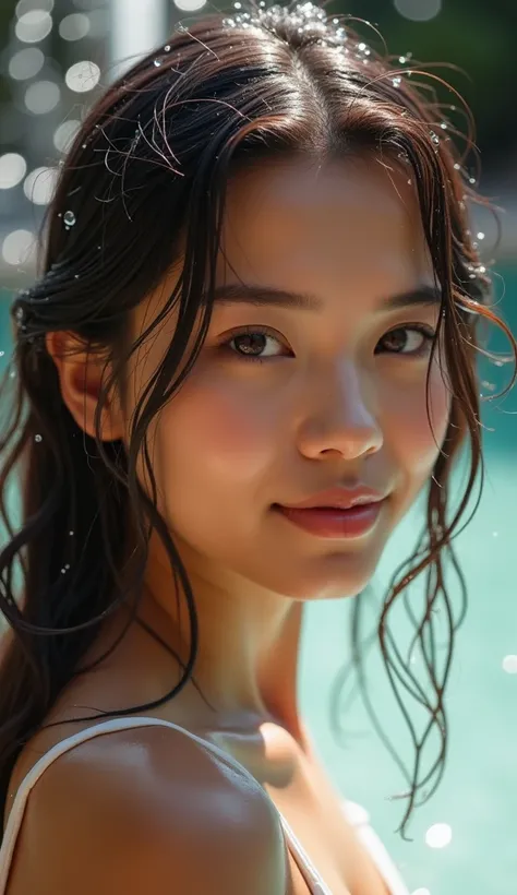 Create an ultra-realistic image of a beautiful 22-year-old woman's face, caressing her wet hair and the water from a fountain falling on her face, blurring the background; use a Sony Alpha 7 camera with a Sony FE 70-200mm f/2.8 GMOSS lens