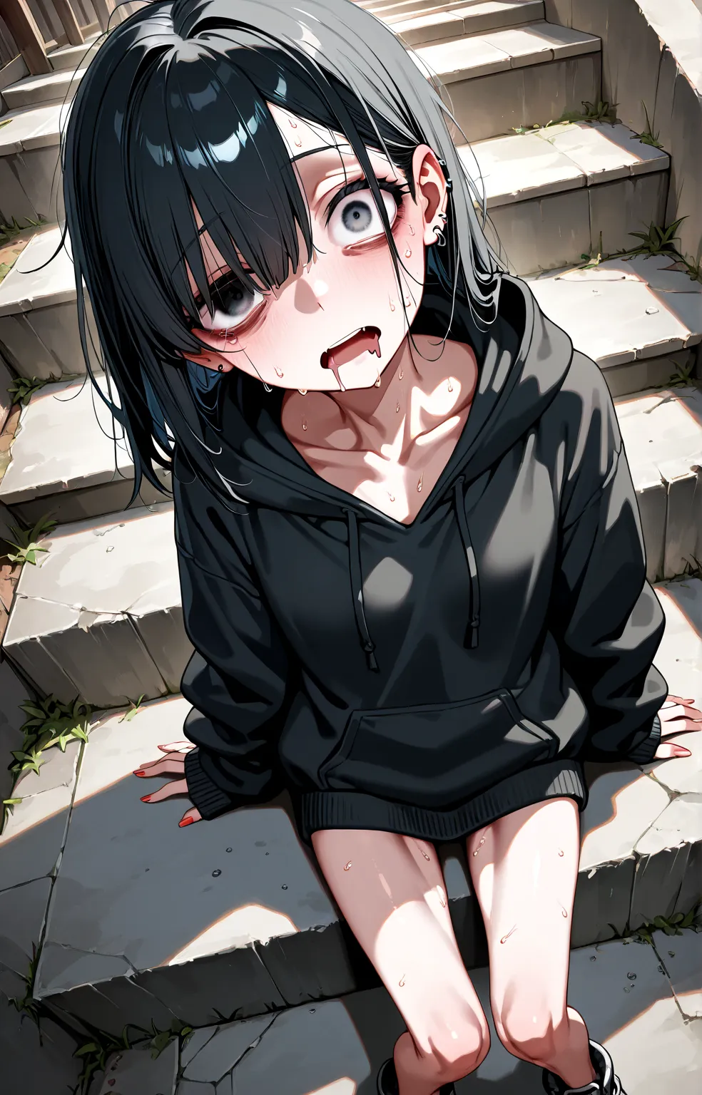 sfw,gyaru,solo girl,black hair,small breast,[emaciated:1.3],exhausted,mouth drool,hoodie,Widening one’s eyes,looking at viewer,sitting on stairway,front side,sweat,