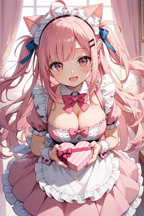 1girl,loli
Yuuki Sakuna
asymmetry bangs, swept bangs
pink hair,long hair,two side up
ahoge,french braid
light blue ribbon
pink cat ears,animal ear fluff
pink eyes
smile,blush,open mouth
big breasts,cleavage
maid headdress,pink maid, pink bow, puffy short s...