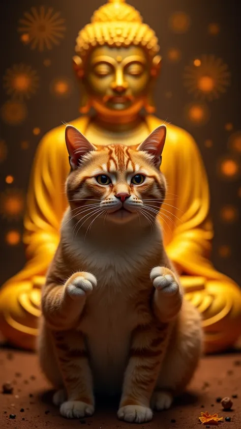 The cat is in a position of full concentration, the hands are clenched.

The energy around you begins to change. There may be a glowing golden aura surrounding you.

THE BACKGROUND IS A BUDDHA FIGURE THAT LOOKS SACRED.

