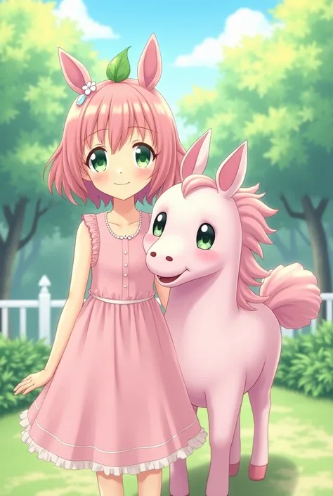 Female anime character with a pink horse with a ponytail and a leaf bud on her head with light green eyes and pink dress  kawaii