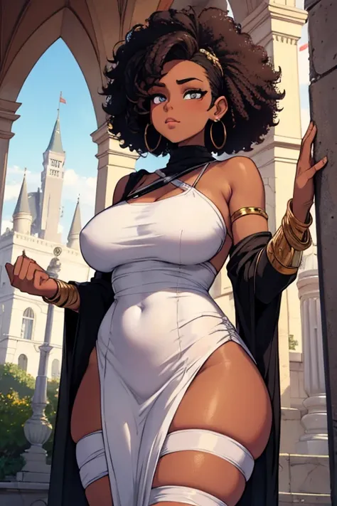 A mummy  (black skinned)  with big thighs , wearing an Afro  (wrapped in white bands) And wearing earrings in a castle