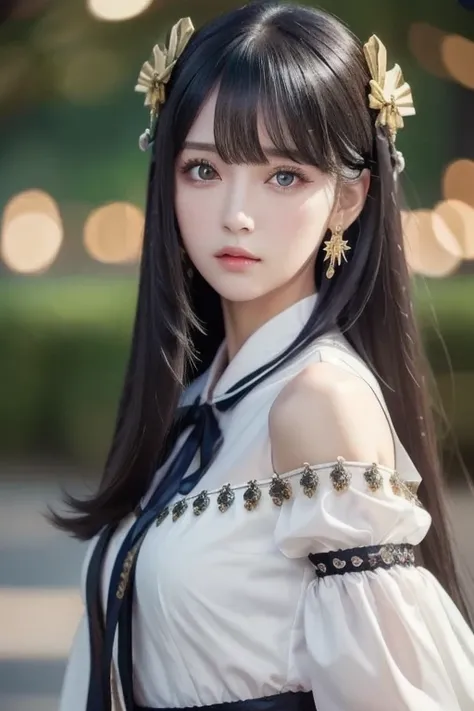 best quality , ( photorealistic:1.2), 1 GIRL, Alone, detailed face , focus on face , is standing, black hair,( hair ornament  :1.35),OL, ribbon-trimmed sleeves, detach sleeve , Ribbon trim, wide sleeve, ( stare at viewers:1.5) long hair, dark eyes, bangs, ...