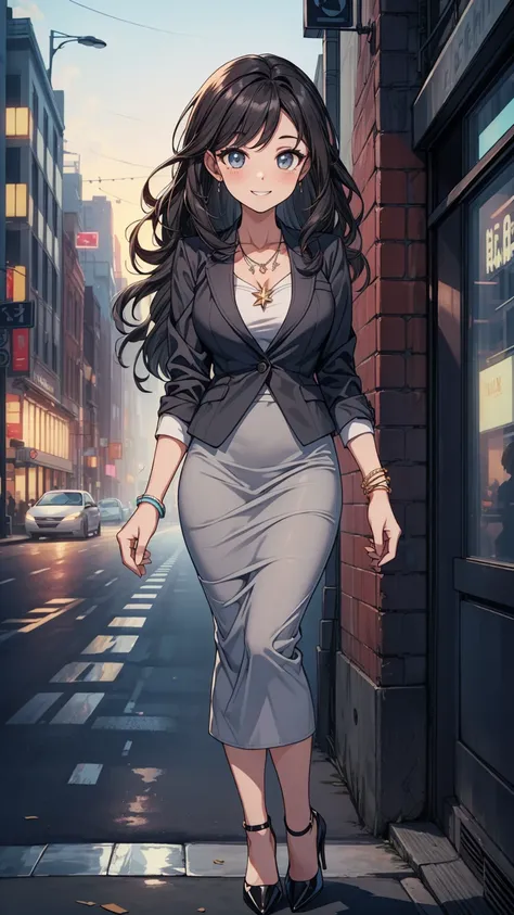 ((masterpiece, best quality:1.3, high detail)), beautiful business woman, smile, long wavy hair, (dark hair), hairpin, bright eyes, (gray blazer), (black pencil ((skirt)), ((long skirt:1.1)), necklace, bracelets, collarbone, heels, (lower body), city backd...