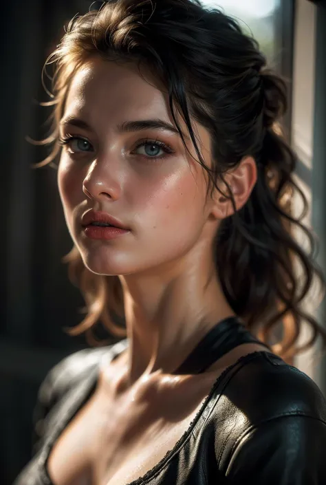 (((ultra realistic))) Photo, masterpiece, top quality, (pale skin), (Ultra detailed face and eyes:1.2), Bright eyes,  1 girl, brassiere, near window,sunrays on face, (Eye makeup, mascara) , ((Dark wavy hair)) , ((Stylish hairstyle)) , (Natural medium size ...