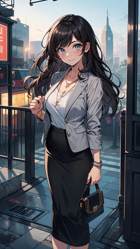 ((masterpiece, best quality:1.3, high detail)), beautiful business woman, smile, long wavy hair, (dark hair), hairpin, bright eyes, (gray blazer), (black pencil ((skirt)), ((long skirt:1.3)), necklace, bracelets, collarbone, heels, (lower body), city backd...