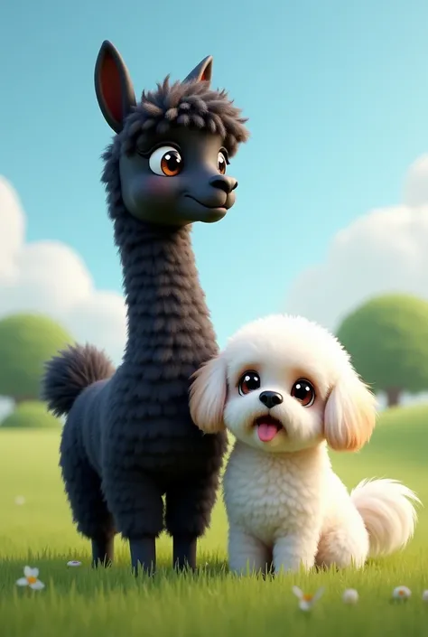 Create an image with a black alpaca and a white shitzu. 