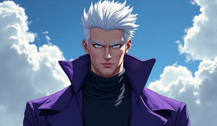 "A tall and confident male character with sharp, icy blue eyes and wild, spiky white hair. He wears a high-collared, dark purple coat with a sleek, modern design. His expression is both mysterious and powerful, exuding an aura of confidence and charisma. T...