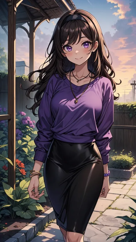 ((masterpiece, best quality:1.3, high detail)), beautiful woman walking, smile, long wavy hair, (dark brown hair), hairpin, bright purple eyes, ((purple sweatshirt)), (long black midi (pencil skirt)), black hairband, necklace, bracelets, collarbone, outdoo...