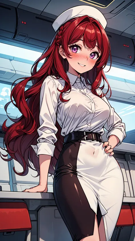 ((masterpiece, best quality:1.3, high detail)), ((1girl)), (((beautiful woman))), (flight attendant), bright purple eyes, (smile), ((full-face blush)), (long wavy hair), (dark red hair), hairpin, (white collar shirt), (red pencil skirt), slim body, (lower ...