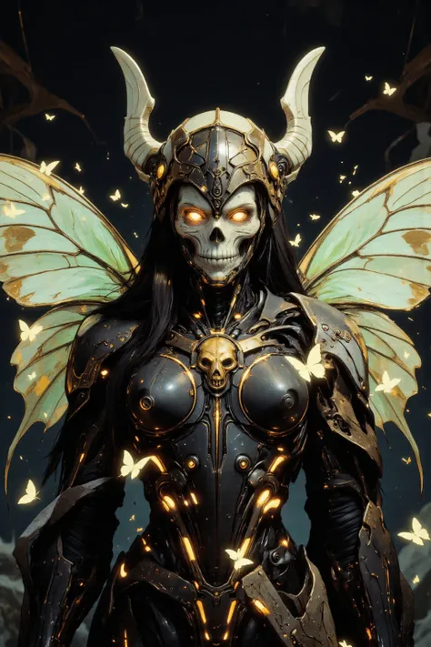 This is a highly detailed, hyper-realistic CGI artwork depicting an otherworldly, futuristic figure. The subject is a skeletal woman with a human skull for a head, adorned with intricate, ornate accessories. Her face is a hollow, white skull with glowing, ...