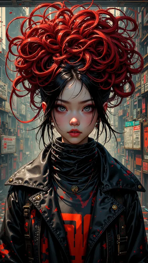  her hair is tied into a red rope, in the style of cybergoth, tetsuo hara, leather/hide, richard deacon, wimmelbilder, messy, bert stern