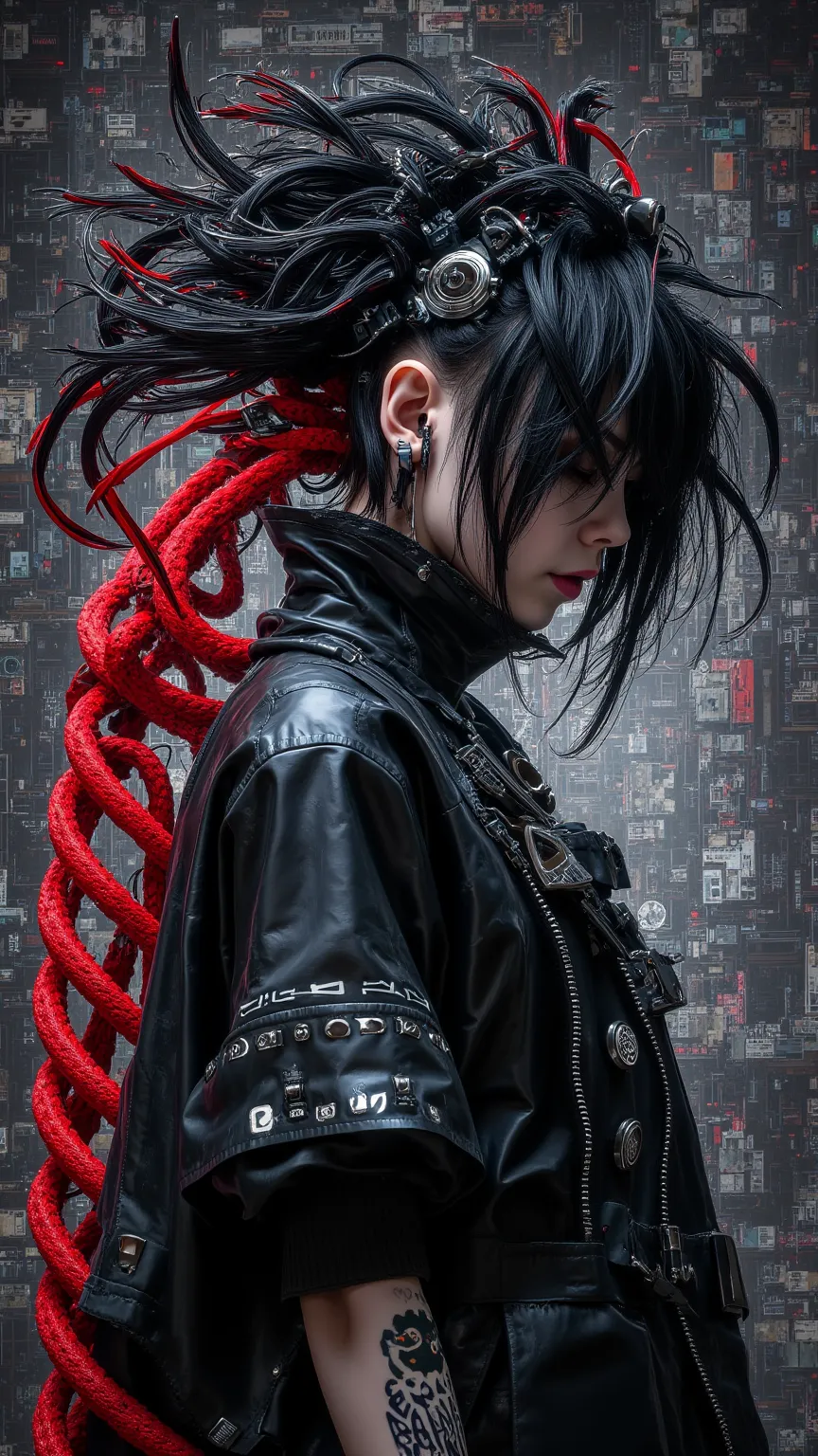  her hair is tied into a red rope, in the style of cybergoth, tetsuo hara, leather/hide, richard deacon, wimmelbilder, messy, bert stern