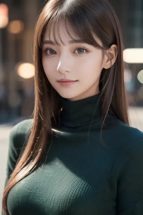 one 19 year old girl, (Dark green turtleneck thin sweater), Raw photo, highest quality, photorealistic, very delicate and beautiful, very detailed, 8K wallpaper, High resolution, soft light, very detailed目と顔, beautifully detailed nose, detailed and beautif...