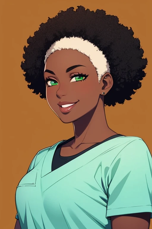 1 solo, woman, dark skin, athletic body, black afro, green eyes and lips, green scrubs, smiling, clear background 