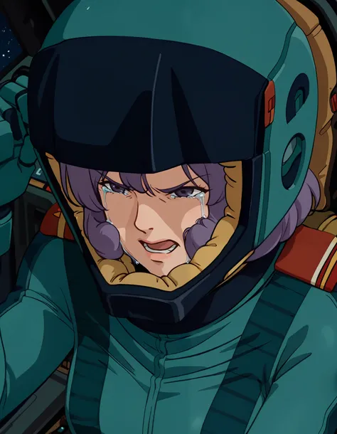 masterpiece, best quality,Rosamia Almond, purple hair,  1girl , pilotsuit, gauntlet, Alone、 is the cockpit in the background、 sits in the cockpit、 crying face