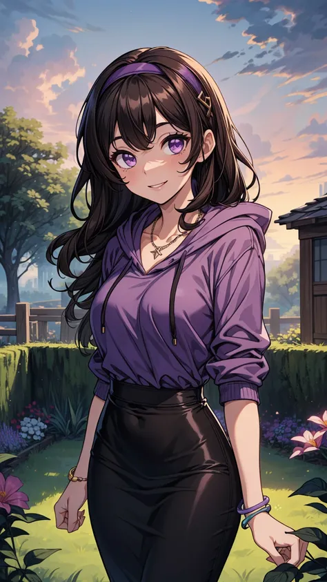 ((masterpiece, best quality:1.3, high detail)), beautiful woman posing, smile, long wavy hair, (dark brown hair), hairpin, bright purple eyes, ((purple hoodie)), (long black midi (pencil skirt)), black hairband, necklace, bracelets, collarbone, outdoors, g...