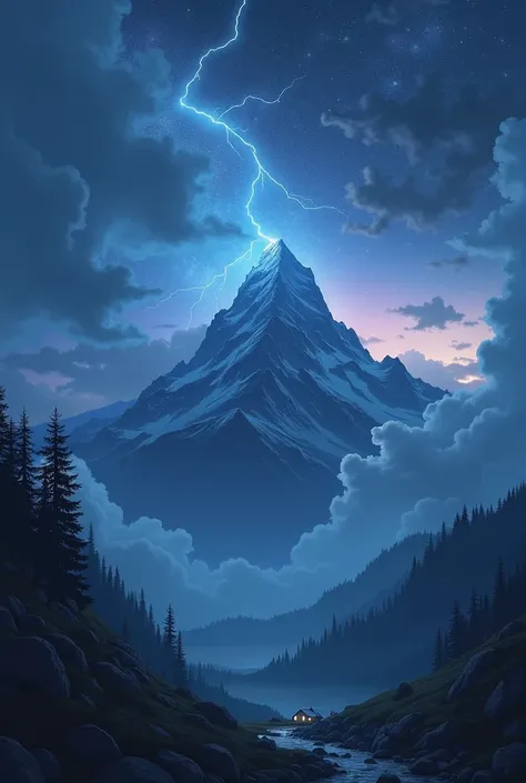 A starry night, with a rounded mountain where it's cloudy and you can see lightning, with a cabin in its lap, Brighter the sky on an autumn sunset