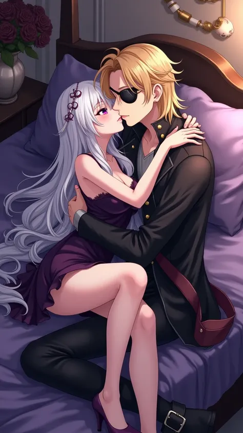 Anime vampire girl with very long white and purple hair and purple eyes. Sleep in a sexy short black dress, pointe heels, small doll slippers. The girl kisses the boy on the cheek. Along with the pirate anime boy as he embraces and contemplates her. The ma...