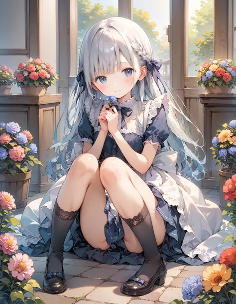  girl,  Young、 portrait photography, 、 shiny skin around、Scattered long hair 、 blue hair、Long eyelashes、 close your eyes、Motor tone deprivation,  revealing maid clothes ,Open chest、 long ruffle skirt、 Pretty Fairy Tale Maid Skirt, Maid Katyusha 、Smell the ...