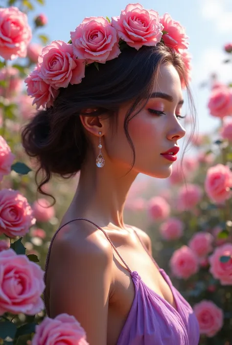 Subject: A woman, viewed in profile. She is the central focus of the image.
Setting/Background: Lush floral setting. Roses are prominently featured. The background appears to be a soft, painterly style, with hints of nature and possibly sky.
Clothing/Acces...