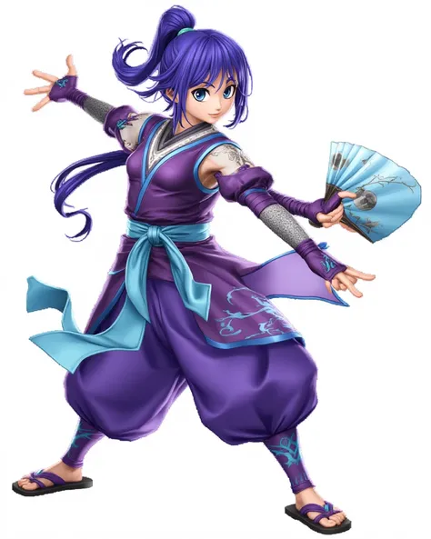 1girl, beautiful detailed blue eyes, beautiful detailed blue hair, bangs, single kung fu , front ponytail long ponytail, simple background, out of frame, tachi-e, ninja suit, violet Tessen fans, purple and blue armor, martial art fingerless gloves, sandals...