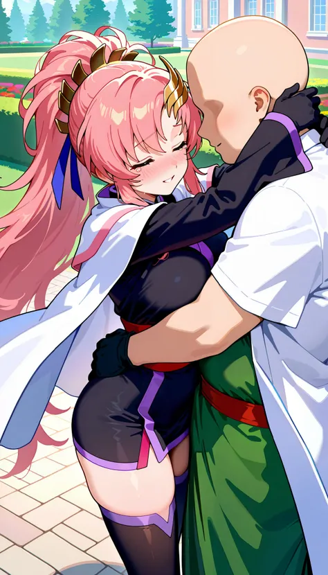 score_9,score_8_up,score_7_up,score_6_up BREAK official art,solo,Lacus Clyne, pink hair,very long hair, ponytail,  bangs, sidelocks, hair ornament, Forehead, closed eyes, tears, Slender and sexy body, medium and pretty breasts, curvy body,  a relieved face...