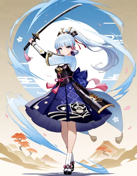 score_9, score_8_up, score_7_up, (masterpiece, best quality:1.5), 1girl, Kamisato Ayaka \(genshin impac\), solo, yubu, UHD, full body, blue  hair, Blue Gradient Eyes, Distinctive hairstyle, holding sword, Action Painting