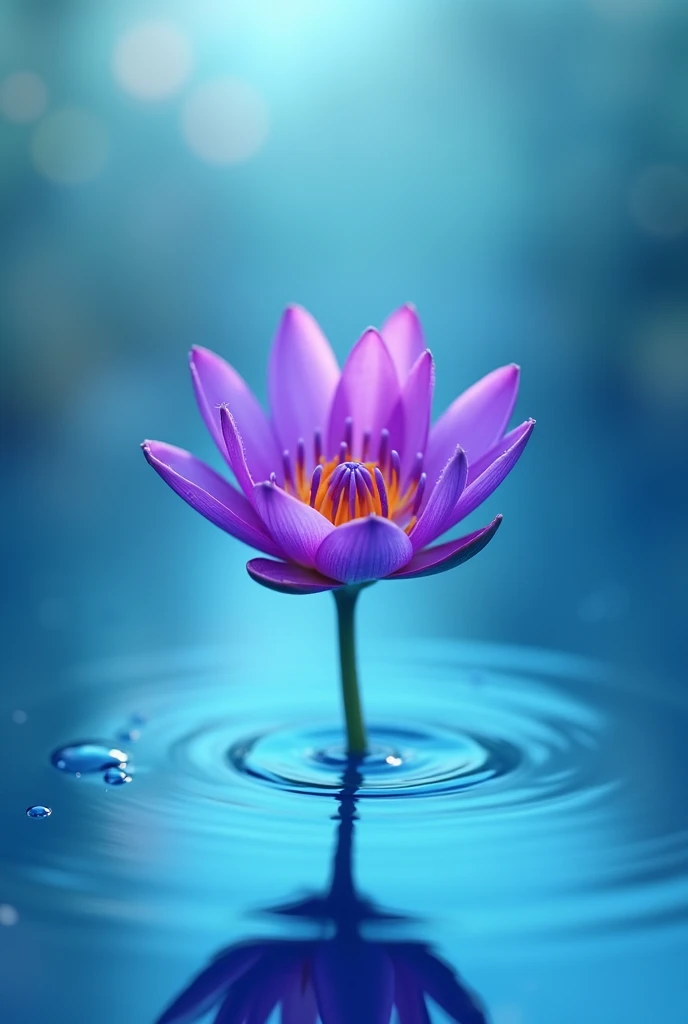 A purple flower grows in the middle of the blue river