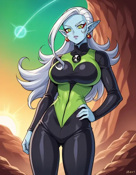 score_9, score_8_up, score_7_up, source_anime,
dragonballtowa, demon goddess towa,
outdoors, space, 1 girl, white hair,
looking at viewer, dutch angle, cowboy shot,green eyes, fullbody, bodysuit, green suit, black pants, long hair, ben10, big breast, huge ...