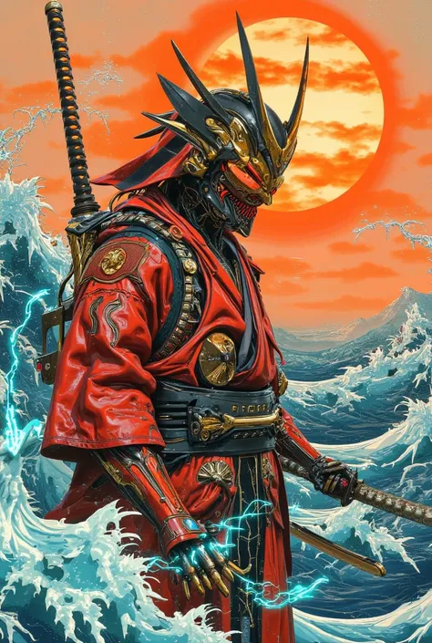   Cyberpunk Ukiyo-e 、Sunset、Based on blue and orange 、 big waves、 Katsushika Hokusai Style(     Masterpiece:1.2),  top quality ,       Ultra High Resolution,    Unity 8k Wallpaper, (  super real,   beautiful details   ,  perfect light,   VERY DETAILED TREN...