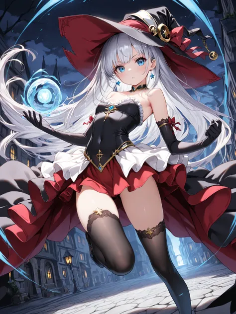 (masterpiece, best quality, extremely detailed), 
1girl, silver hair, very long hair, blue eyes, petite, witch, strapless dress, red skirt, elbow gloves, white showgirl skirt, frills,, thighhighs,, dynamic pose, cinematic angle,