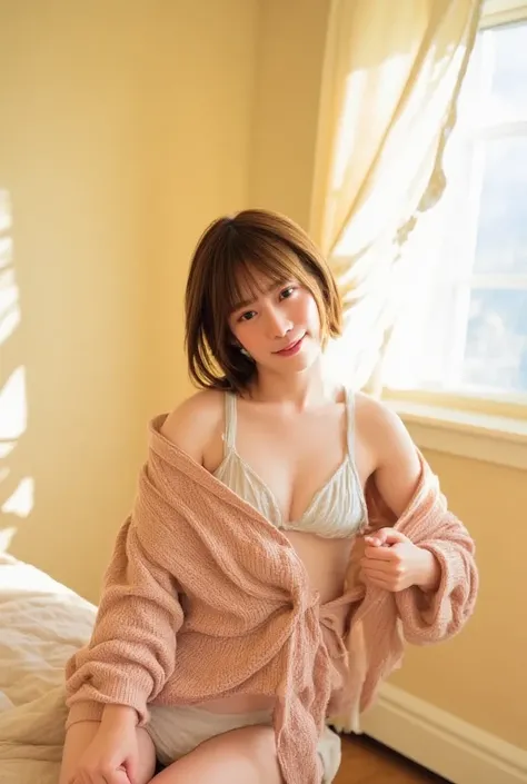 A photograph of a gorgeous young Japanese woman sits on the edge of a softly lit bed, wearing an oversized off-pink knit sweater that drapes loosely over her frame, slipping off one shoulder to reveal her bare skin. Her tousled hair frames her playful, hal...