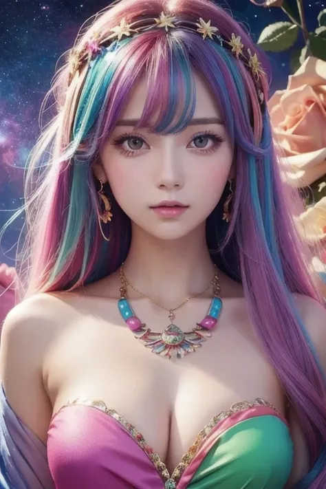 Close-up of a woman with  colorful  hair and necklace,  anime girl 、Cosmic Hair , The gentle vitality of rose roses,  Gouvez style artwork,  Fantasy Art Style ,  colorful ],  vivid fantasy style, Ross draws vibrant cartoons, cosmic and  colorful , Gwaiz,  ...