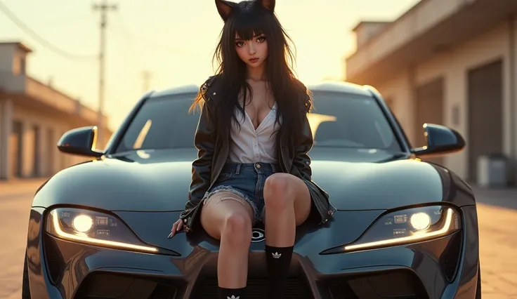 (masterpiece), best quality, expressive eyes, perfect face, Black haired wolf girl, ripped jean shorts, black knee high socks, white adidas shoes, white shirt, white jacket, sitting on hood of a sports car, sunny