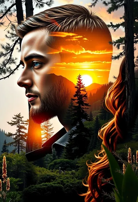 Double Exposure,  A digital composite photograph featuring a man and woman's profiles superimposed over a serene forest landscape at sunset. The man has short brown hair and a trimmed beard, while the woman has long, wavy hair. Both faces blend seamlessly ...