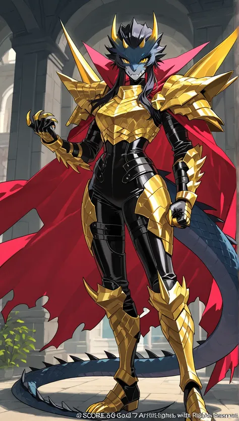 ntr,  masterpiece, ,  score _9,  score _8_arriba,  score _7_arriba,  score _6_ sarribaerior ,   source  _animated,  rating :General. Dragon Woman
Appearance :  Red and gold scaled skin ,  reptile eyes and small horns on the head .  Long tail and sharp claw...