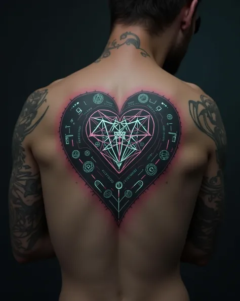 Cyber sigilism tattoo, heart, symmetrical 