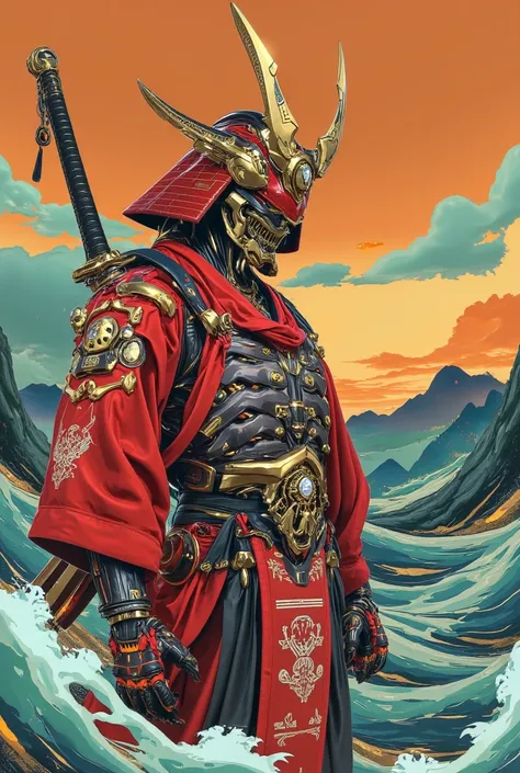  Steampunk Ukiyo-e 、(  Martial Arts Battle Pose    )CG Ukiyo-e Anime ,Strong, cool, cool, red Japanese armor, steampunk, samurai with the face of Hannya、 Gorgeous Gold and Black Decorations 、Red Helmet、 big waves、old ukiyo-e　ink、skull、 Katsushika Hokusai S...