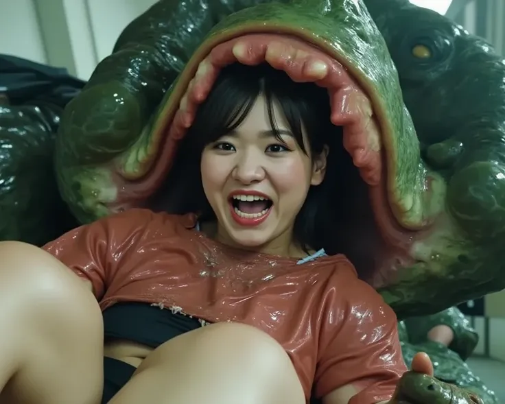 Woman being eaten by giant slime 。
 she is screaming in so much pain。
She has wide open thighs。
Slime is slurping her 。
実写風
tearsを流しながら助けを求めている
号泣，tears