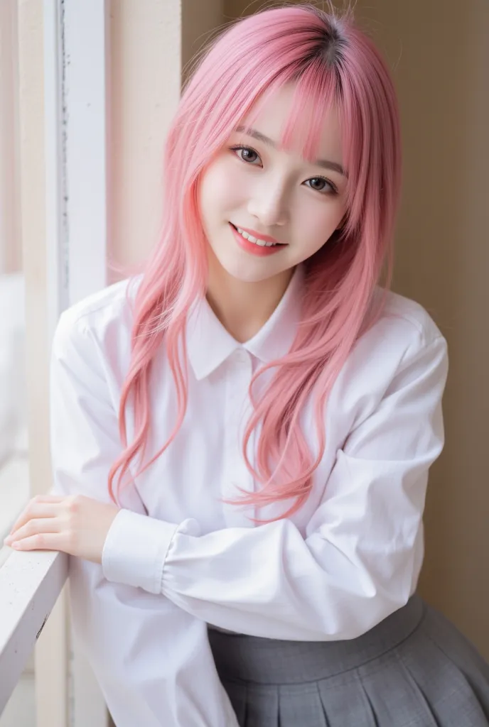 1 girl, pink hair, long hair with bangs, red eyes, school uniform long sleeve white shirt and grey skirt, warm expression, smiling, hd