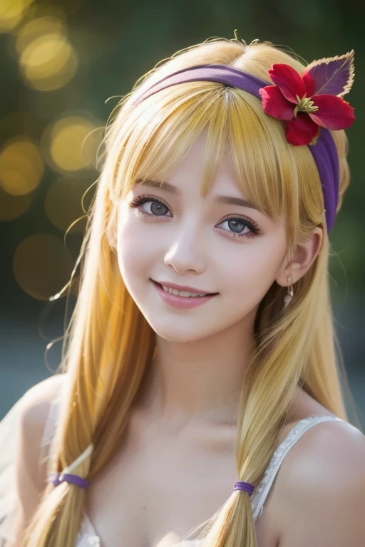 Masterpiece,  best quality ,  best quality , (  intricate detail :1.2),  beautiful eyes,  1 girl, Alone, Outdoors,  blue sky, cloudy, Bokeh,  lens flare, anamorphic  lens flare,  allows depth of field ,  enchanting face ,  bewitching smile, {{heanna_violet...